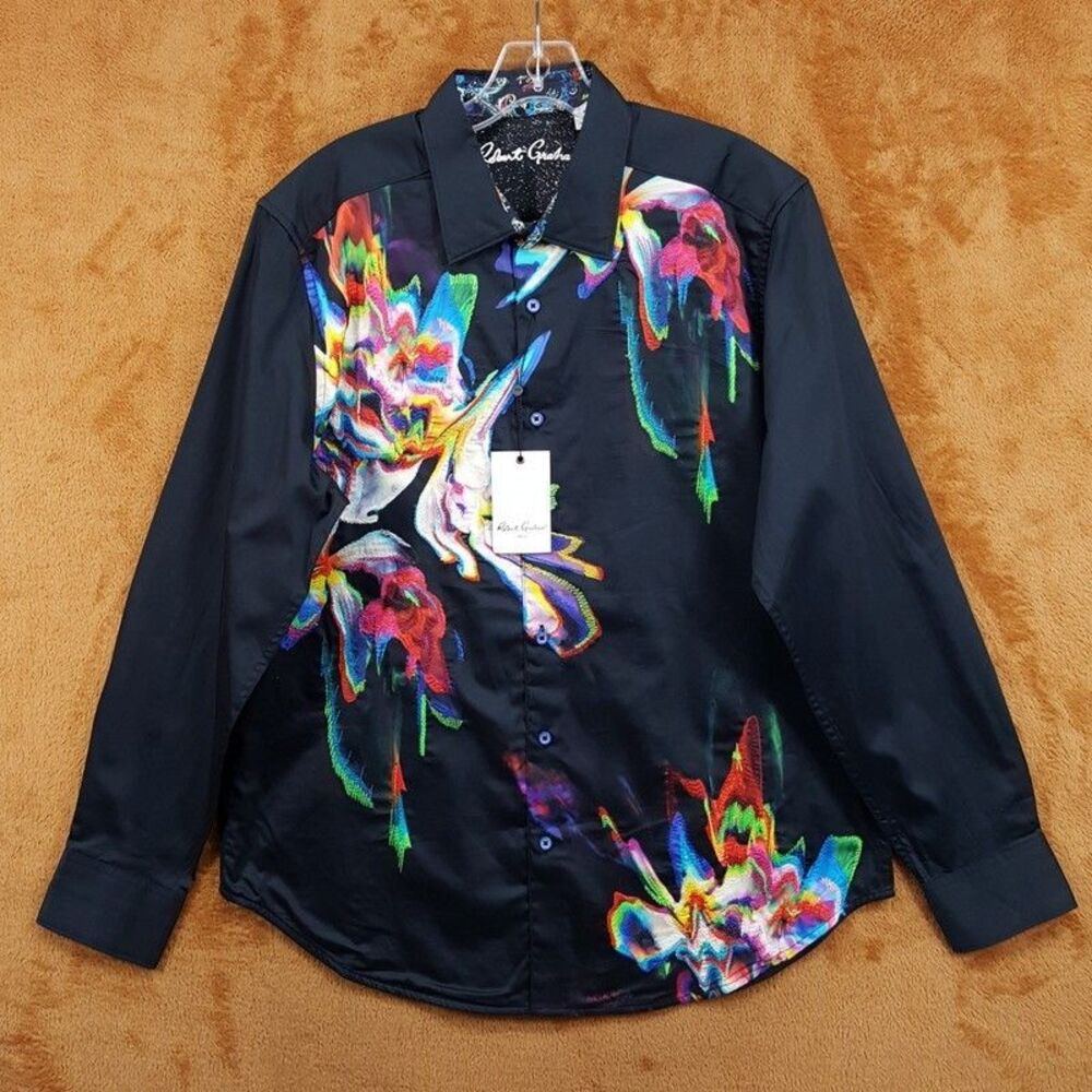 ROBERT GRAHAM Shirt Mens Large Black Button Up Psychedelic Floral AURORA $348